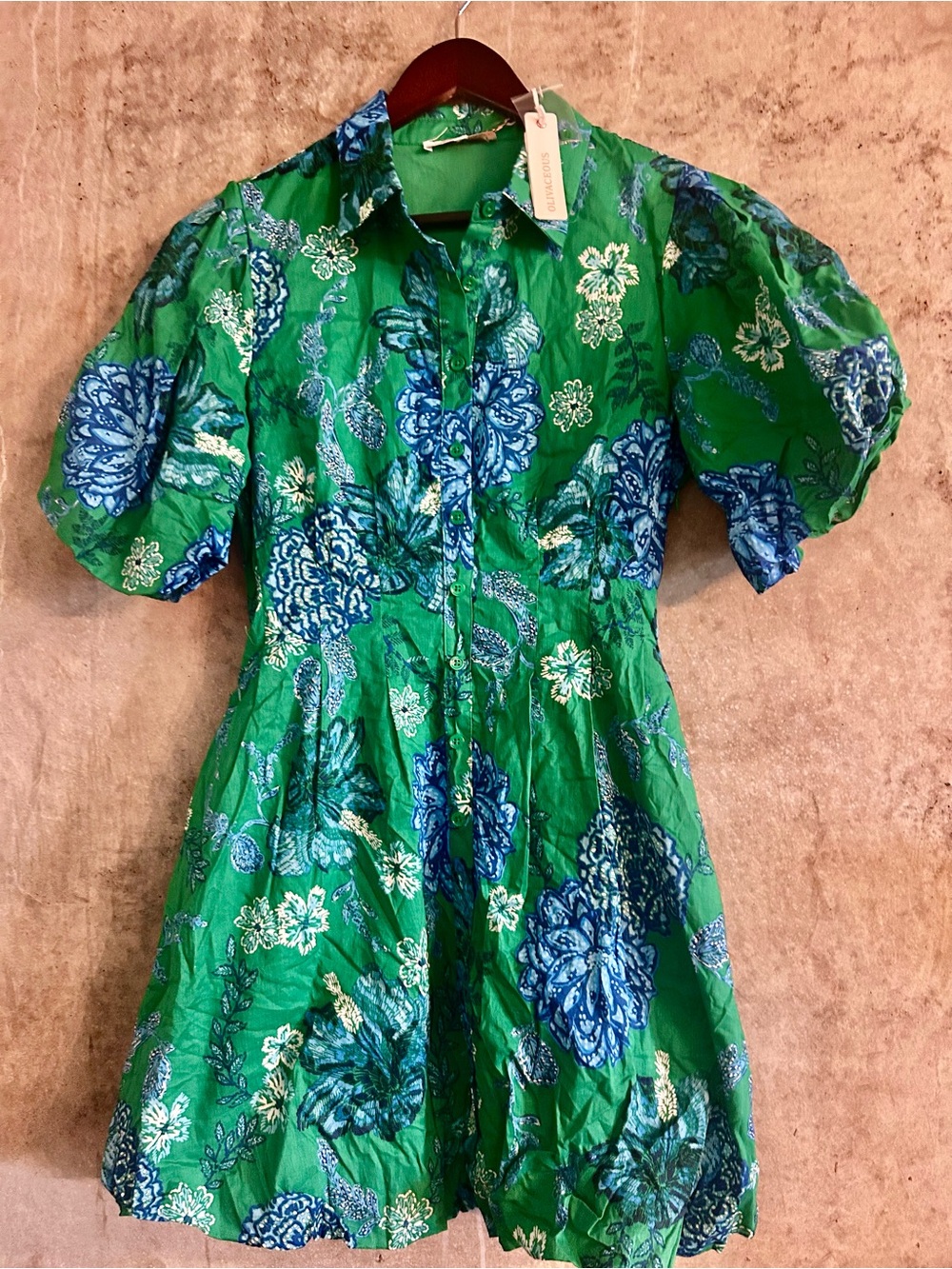 Olivaceous Green Floral Button-Front Dress bubble hem with pockets